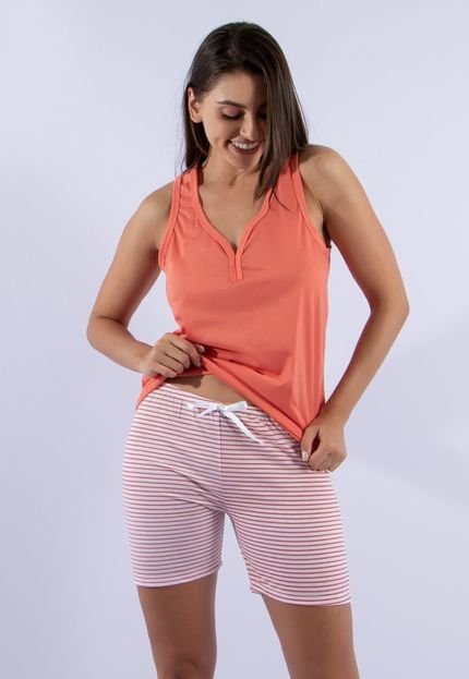 Pijama Pescador Regata Linha Noite Short Doll Curto Laranja - Marca Linha Noite