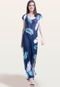 Vestido Longo Fendas Decote Careca Manga Curta Malha Fria Elastano Estampa Exclusiva Azul Folhas - Marca 101 Resort Wear